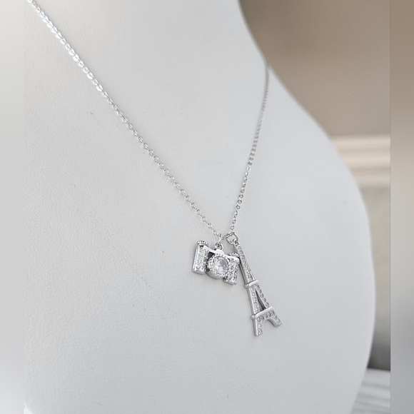 Paris Eiffel Tower and Camera Necklace, 925 Sterling Silver - Picture 2 of 4